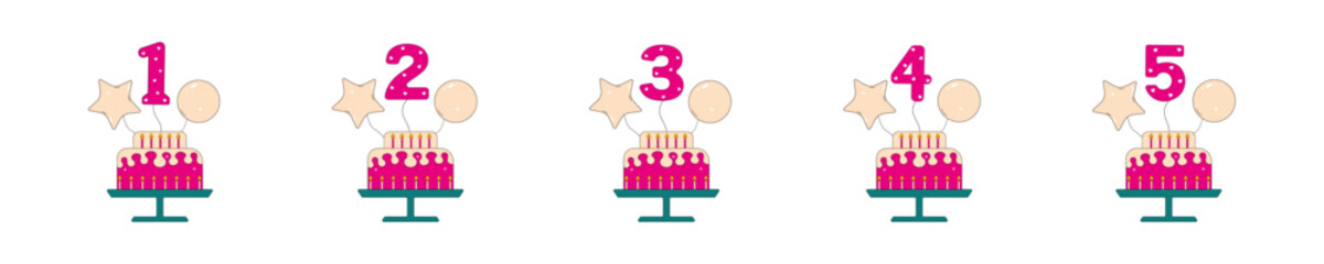 A collection of birthday cakes. Vector illustration. Numbers from 1 to 5
