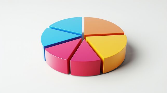 Pie chart with six segments in various bright colors 3d rendering image. Piechart business presentation background wallpaper colorful realistic. Data visualization concept idea, backdrop
