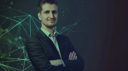 Confident businessman with crossed arms image copy space. Man in dark suit against digital network connections banner background blurred. Data visualization concept photography copyspace