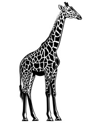 Silhouette of a Standing Giraffe, Black and white silhouette of a giraffe standing tall, showcasing its distinctive patterned coat and long neck.