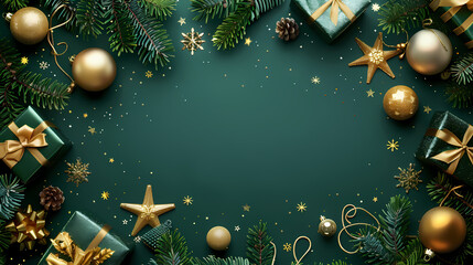 Beautiful green Christmas background with a border of fir branches, golden Christmas toys, stars and gifts. New Year's decoration for congratulations. 