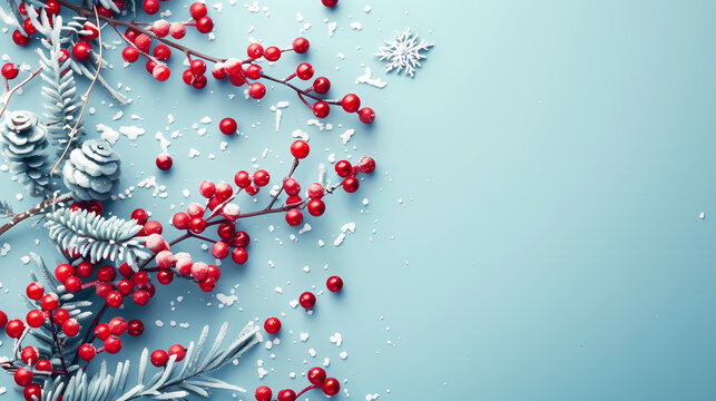Beautiful light blue Christmas background with red berries and snowflakes. New Year's composition with decorations for Happy New Year. 