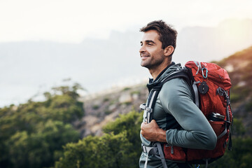Man, backpack and thinking in nature forest for wilderness experience, exploration and solitude for...