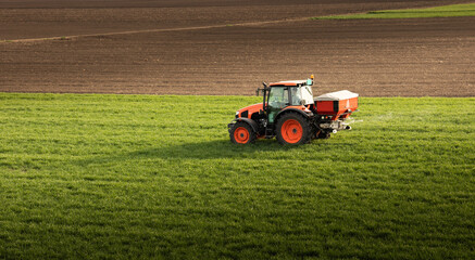 Farmer fertilizing arable land with nitrogen fertilizer
