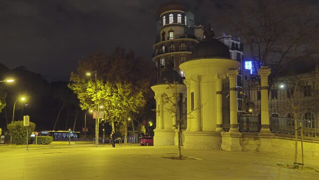 Crossroads Street Claudio Moyano, Street Dr. Velasco and Street de Alfonso XII at night in Madrid, Spain.