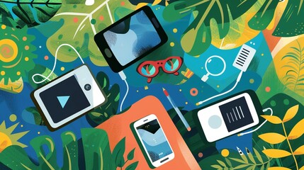 Tech accessories against lush green foliage 2D illustration. Tablets, smartphones flat cartoon image colorful scene horizontal. Modern technology and nature wallpaper background art