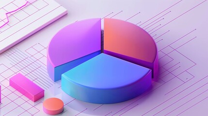 Pie chart with neon colors and sleek design 3d rendering image. Abstract lines and graphs background wallpaper colorful realistic. Data visualization concept idea, backdrop horizontal