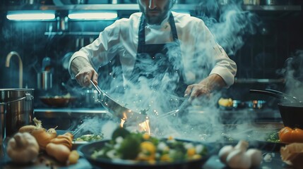 A chef sauteing ingredients, copy space, cooking in action theme, ethereal, composite, open kitchen backdrop