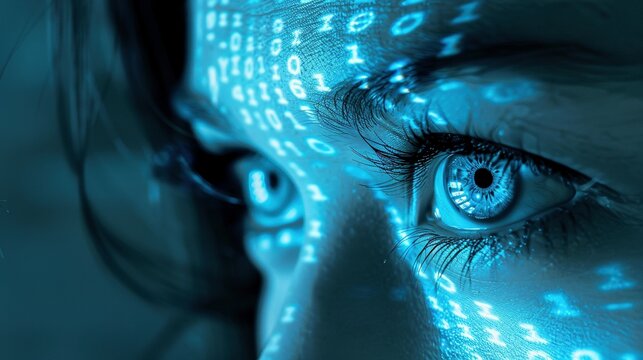 Female eyes illuminated with binary code projections closeup image. Woman blue eyes close up photography marketing. Advanced technology. Data visualization concept photo realistic