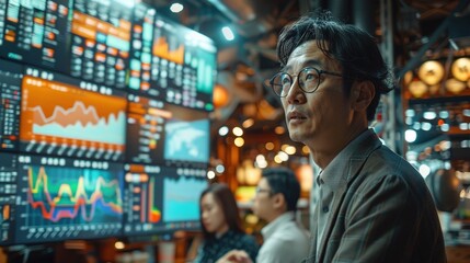 Fototapeta premium Glasses korean man examines multiple screens with financial charts image. Modern, high-tech workspace photography scene wallpaper. Data visualization concept photorealistic photo
