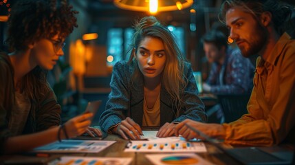 Three young professionals intensely discussing data at table image. Vibrant atmosphere, colleagues serious expressions photography scene. Data visualization concept photorealistic photo
