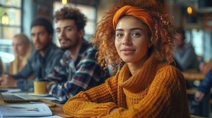 Young woman with curly hair sits in cozy cafe with colleagues image. Productive discussion in relaxed setting photography scene wallpaper. Data visualization concept photorealistic photo