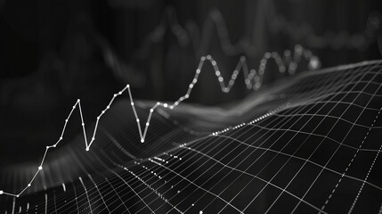 Black and white 3D line graph on dark background image. Dynamic wavy grid data analysis background wallpaper colorful realistic. Data visualization concept idea, backdrop horizontal