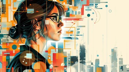 Glasses brunette woman against complex geometric 2D illustration. Thought-provoking composition flat cartoon image colorful scene horizontal. Woman empowerment wallpaper background art