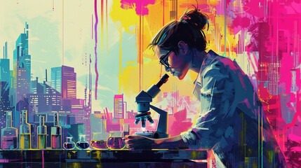 Professional woman uses microscope in vibrant abstract laboratory 2D illustration. Female scientist in lab coat and glasses flat cartoon image colorful scene. Laboratory wallpaper art