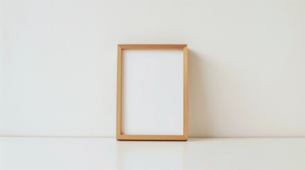 A simple, elegant wooden picture frame sits on a white desk against a plain white wall, illuminated by bright natural daylight.