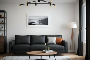 mock up poster frame in hipster interior background, living room, Scandinavian style, 3D render, 3D illustration