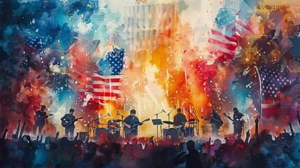 Patriotic Harmony: Flag Day Community Concert in Vibrant Watercolor, Musicians, American Flags, and Festive Atmosphere