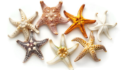 Beautiful sea stars (starfishes) isolated on white, top view