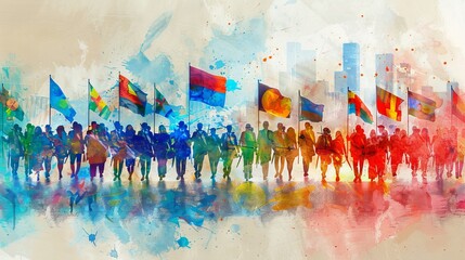 Vibrant Patriotic World Music Day Parade Celebrating Community Spirit in Watercolor Style