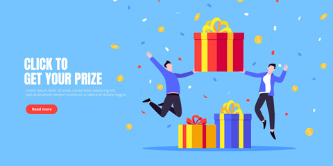 Get online incentive gift benefit reward and gifts, earn loyalty program points. Get loyalty card and customer service business concept flat design vector illustration. Tiny people with big gift boxes