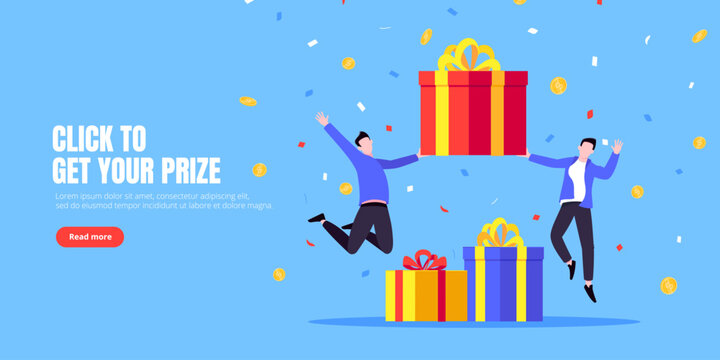 Get online incentive gift benefit reward and gifts, earn loyalty program points. Get loyalty card and customer service business concept flat design vector illustration. Tiny people with big gift boxes