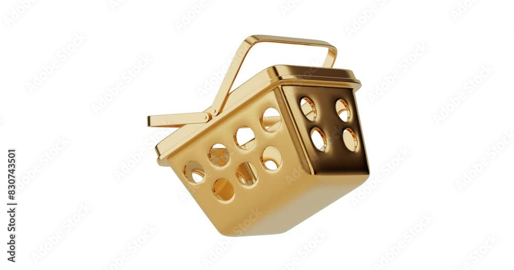 Poster 4k resolution video: golden cartoon minimal style grocery shopping basket icon seamless looped rotat