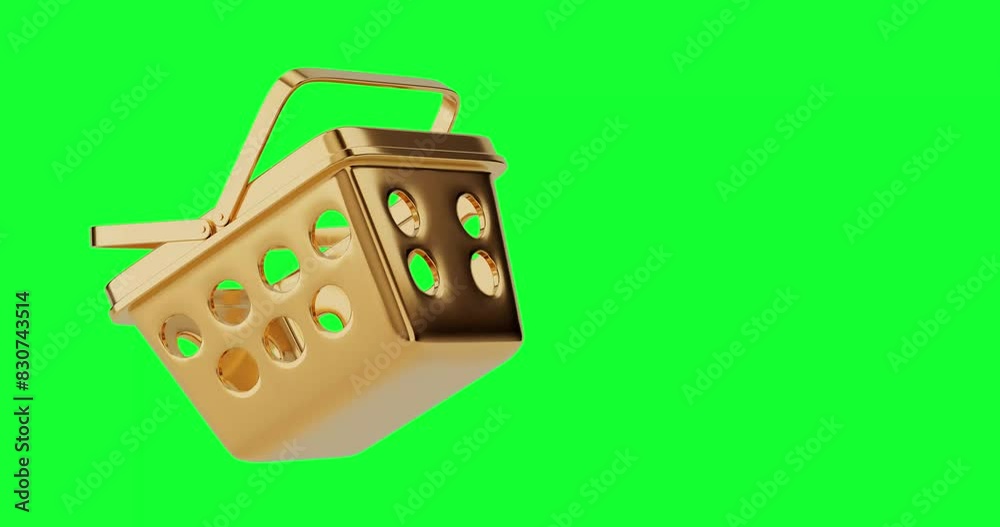 Poster 4k resolution video: golden cartoon minimal style grocery shopping basket icon seamless looped rotat