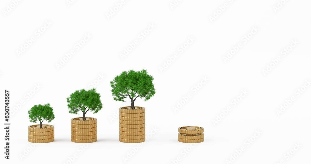 Aufkleber 4k resolution video: saving money concept. stacks of goldenas a bar graph with a tree plant growing 