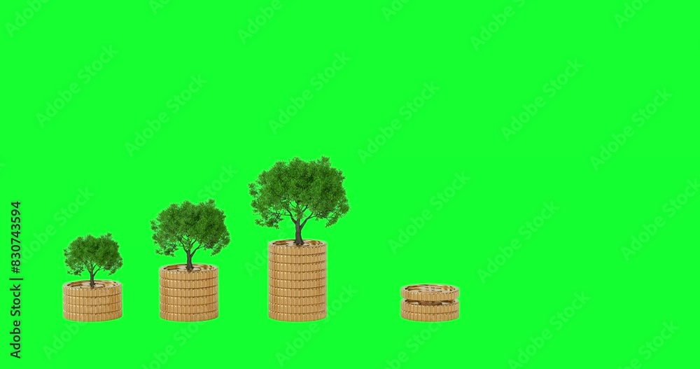 Aufkleber 4k resolution video: saving money concept. stacks of goldenas a bar graph with a tree plant growing 