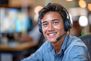 Young Man with Smile, Headset, and Microphone in Office Environment