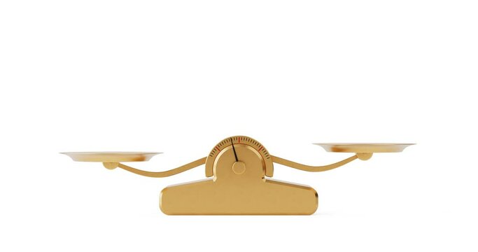 4k Resolution Video: Simple Weighting Golden Balance Scale Balancing on a white background with Alpha Matte