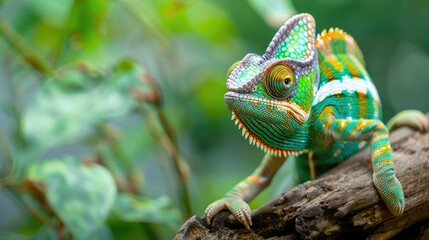 Obraz premium High Pied veiled chameleon on wood, High Pied veiled chameleon closeup with natural background, animal closeup. AI generated