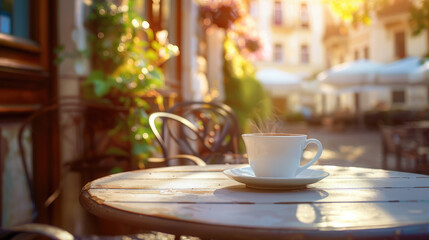 a cup of coffee on the table of a coffee shop against the backdrop of a summer cafe, blurred background, drink, tea, latte, cappuccino, veranda, restaurant, espresso, americano, space for text, blank