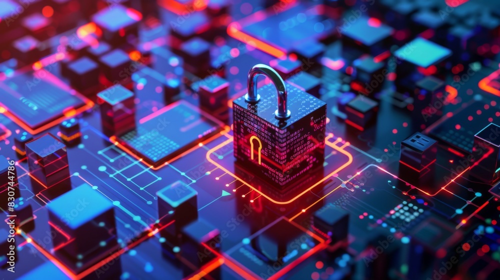 Wall mural cybersecurity lock icon on digital circuit board