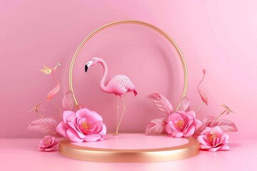 A pink flamingo is standing in front of a pink flower arrangement