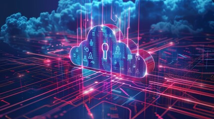 Obraz premium Cloud Security Lock Icon with Tech Background