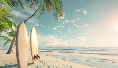 surfboards under a palm tree at the beach in Thailand, beach with palm trees, holiday vacation concept