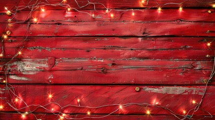 Top view of red weathered wooden surface decorated with small light bulbs Christmas garland with space for additional items