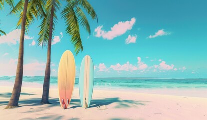 surfboards under a palm tree at the beach in Thailand, beach with palm trees, holiday vacation concept