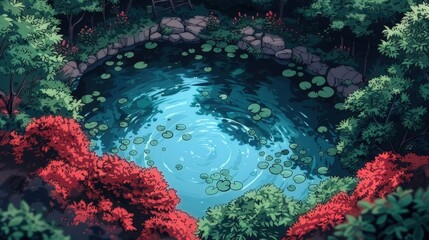 Obraz premium illustration of a pond in a fairy tale forest seen from above. manga anime style 