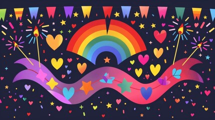LGBTQ banner illustration, vivid rainbow hues, 2D flat design, contemporary style. The banner displays various LGBTQ symbols, such as hearts and stars. Background shows a celebratory atmosphere with