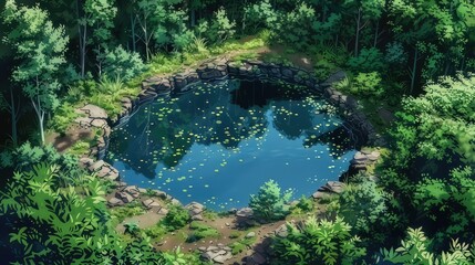 a pond in a magical woodland as seen from a bird's-eye view, done in the style of manga and anime
