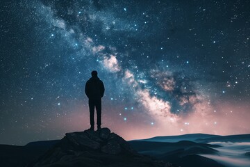Fototapeta premium Long Exposure Night Landscape Composite: Man Gazing at Milky Way Galaxy