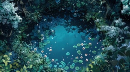 Fototapeta premium a pond in a magical woodland as seen from a bird's-eye view, done in the style of manga and anime 