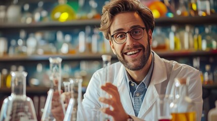A chemist presenting research findings, copy space, scientific communication theme, vibrant, multilayer, conference room backdrop