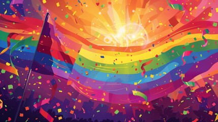An illustration of an LGBTQ banner, vibrant rainbow colors, 2D flat design, contemporary illustration style. The banner features prominent symbols of LGBTQ pride, such as flags and icons. Background