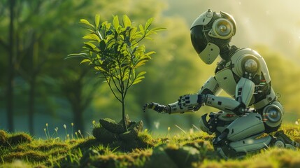 futuristic scene where a humanoid robot is gently nurturing a small plant in a lush, green forest, highlighting the harmony between technology and nature