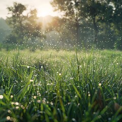 Obraz premium Dewy Morn: A Field of Tall Grass Bathed in Sunlight and Drops