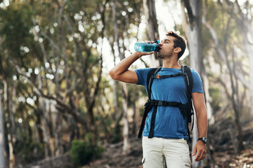 Man, hiking and water bottle for hydration or health on break with fitness, exercise and survival...